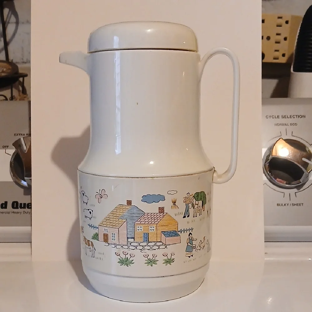 Vintage 80s Insulated Coffee Carafe Cream Thermos with Farmhouse Design